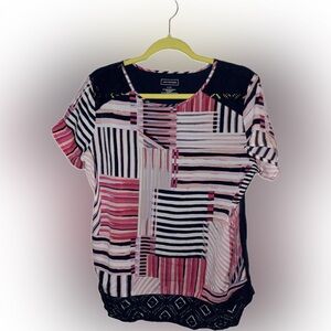 Van Heusen Pink, Black & White Striped Patchwork Short Sleeve Top